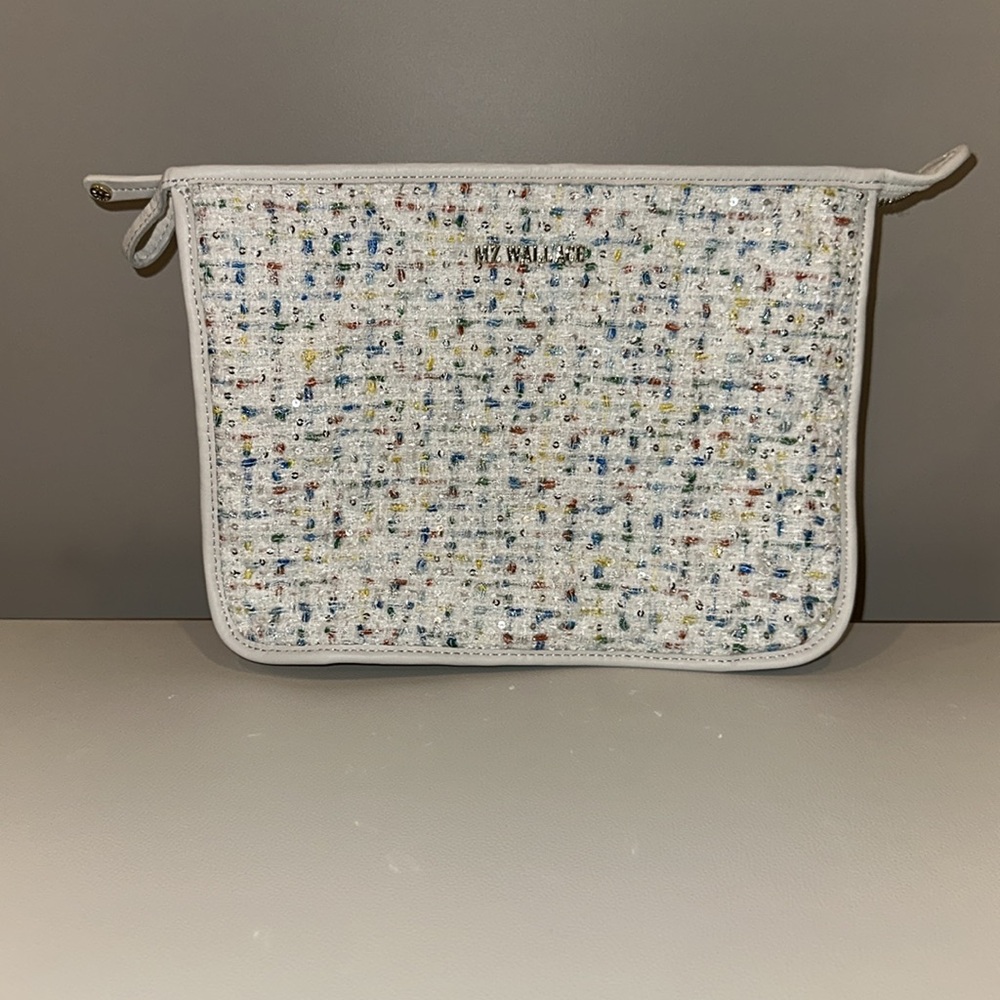 New MZ Wallace White Boucle/Tweed  with Sequins Clutch